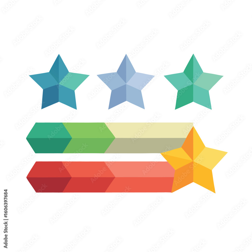 Poster abstract composition featuring colorful geometric stars and progress bars on a clean white backgroun