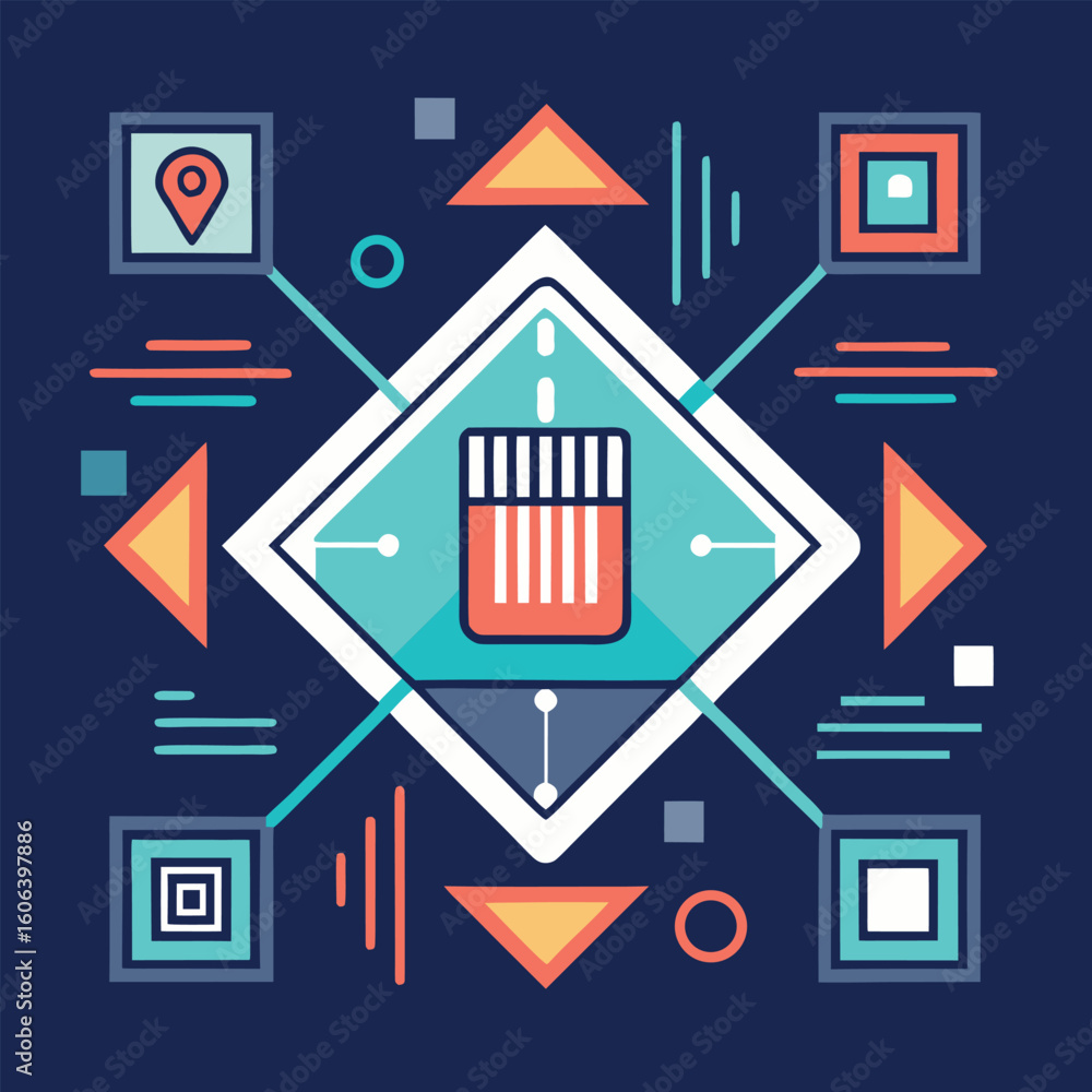 Poster abstract geometric composition depicting digital design elements and data visualization on a dark bl