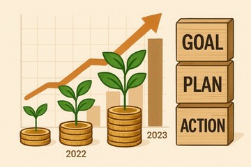 Financial growth illustrated by plants on coins with a rising graph and goal, plan, action blocks