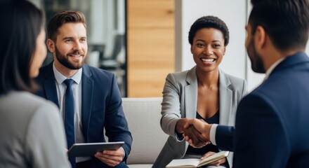 A diverse group of professionals in business attire shake hands during a meeting, smiling and appearing successful
