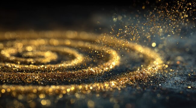 A swirling vortex of golden glitter against a dark background, with particles appearing to float and move dynamically
