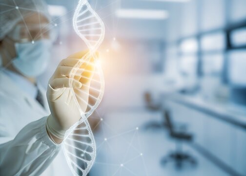 A scientist in a lab examines a glowing dna helix with digital connections