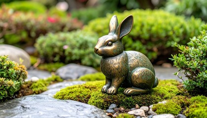 庭の守り神：苔むした石の上に立つブロンズのウサギGenerated image