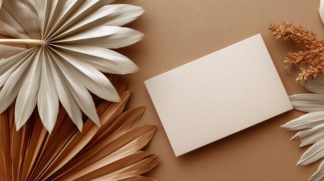 Decorative paper leaves and blank card on textured fabric background during daylight hours - Powered by Adobe
