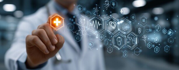 Doctor Activating Digital Medical Interface with Healthcare Icons – Innovative Technology in Modern Medicine, Virtual Health Solutions, and Futuristic Diagnostic Systems
