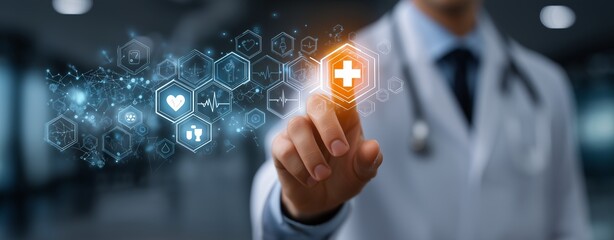 Doctor Activating Digital Medical Interface with Healthcare Icons – Innovative Technology in Modern Medicine, Virtual Health Solutions, and Futuristic Diagnostic Systems
