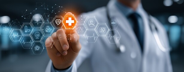 Doctor Activating Digital Medical Interface with Healthcare Icons – Innovative Technology in Modern Medicine, Virtual Health Solutions, and Futuristic Diagnostic Systems