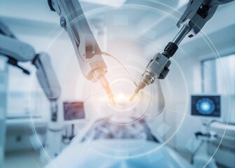 Fototapeta premium Robotic arms perform precise surgery in a modern operating room, showcasing advanced medical technology
