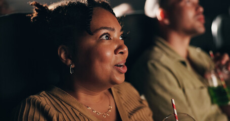 Snack, woman and movie in theater with suspense for dramatic scene, thriller show or entertainment....