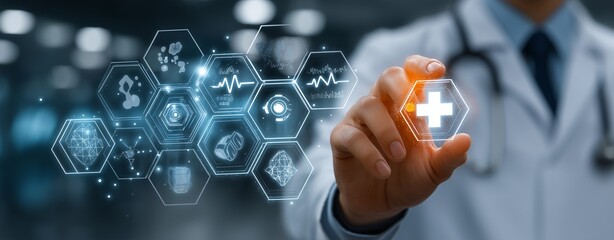 Doctor Activating Digital Medical Interface with Healthcare Icons – Innovative Technology in Modern Medicine, Virtual Health Solutions, and Futuristic Diagnostic Systems