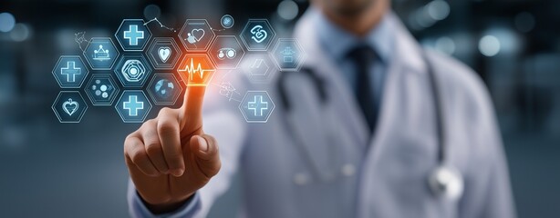 Doctor Activating Digital Medical Interface with Healthcare Icons – Innovative Technology in Modern Medicine, Virtual Health Solutions, and Futuristic Diagnostic Systems