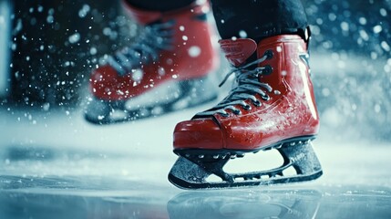 Red ice skates gliding on ice rink.