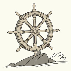 Ship's wheel illustration, nautical theme, beige and gray tones, for maritime designs