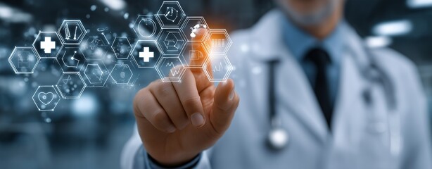 Doctor Activating Digital Medical Interface with Healthcare Icons – Innovative Technology in Modern Medicine, Virtual Health Solutions, and Futuristic Diagnostic Systems