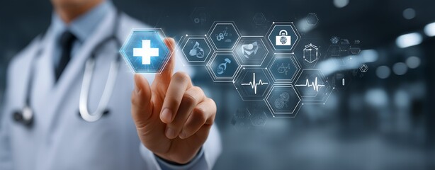 Doctor Activating Digital Medical Interface with Healthcare Icons – Innovative Technology in Modern Medicine, Virtual Health Solutions, and Futuristic Diagnostic Systems