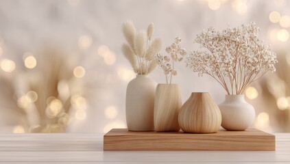 Wooden tray displays beige ceramic and wood vases holding dried flowers against a bokeh background