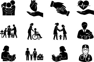 Vector art of icons representing healthcare, family, and community support