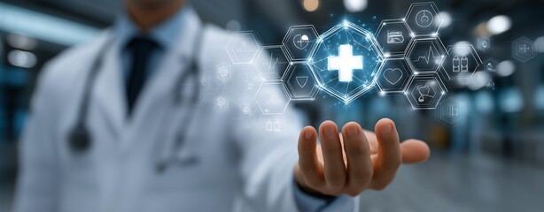 Doctor Activating Digital Medical Interface with Healthcare Icons – Innovative Technology in Modern Medicine, Virtual Health Solutions, and Futuristic Diagnostic Systems