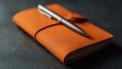 Orange leather journal with silver pen