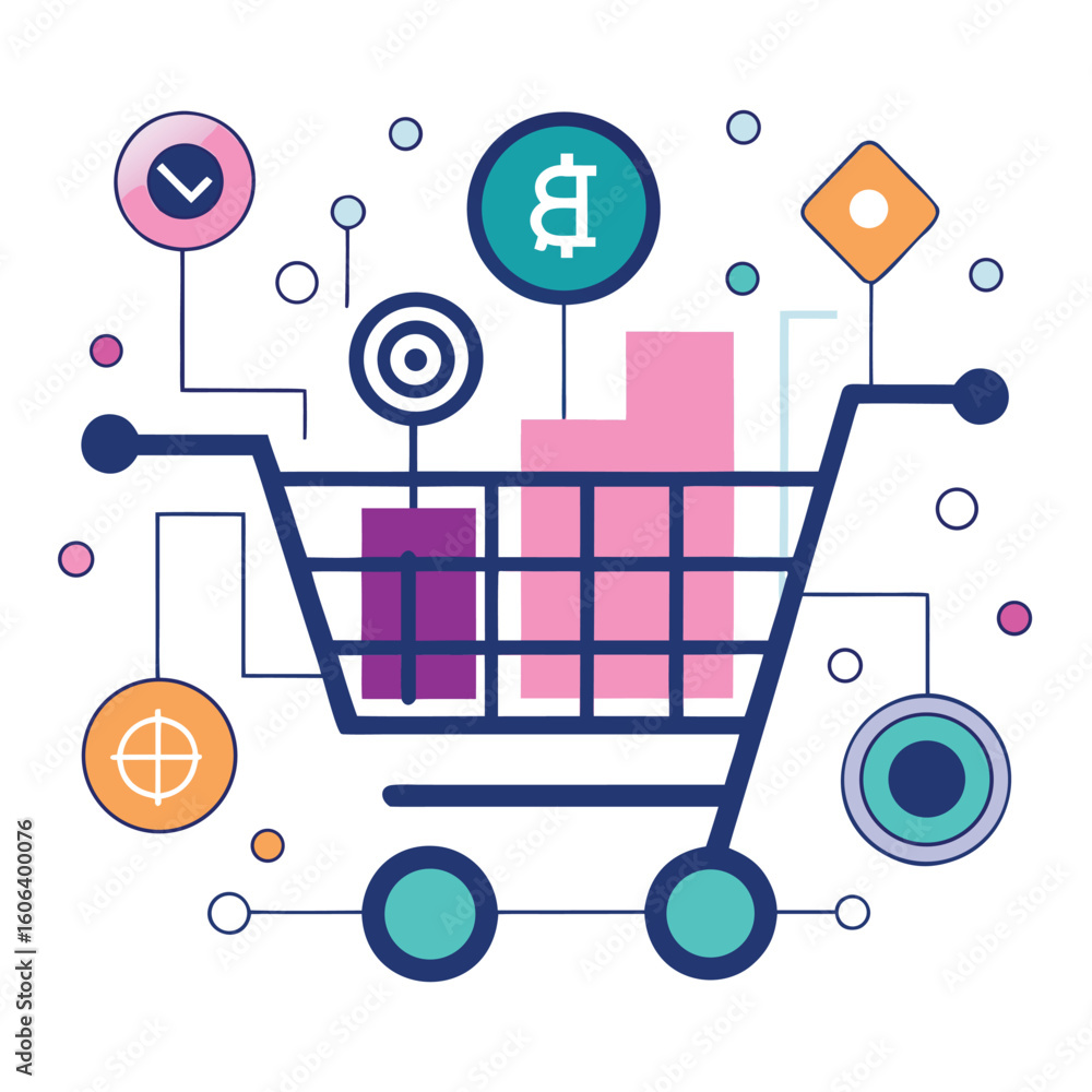 Poster digital shopping cart representing crypto transactions and online purchases with modern graphic elem