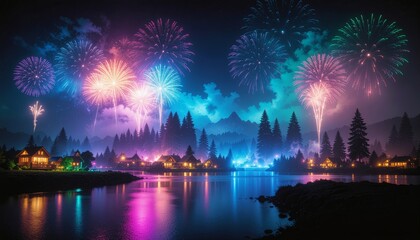 Colorful fireworks sparkle in the mountain sky with silhouettes of houses and forests