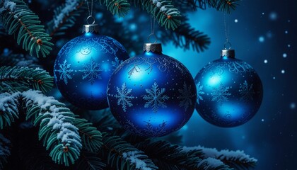 Cold nuances blue Christmas ball ornaments on the Christmas tree