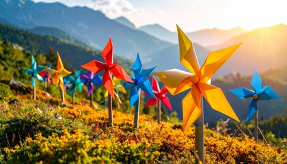 Colorful paper windmills amidst natural beauty with cool air