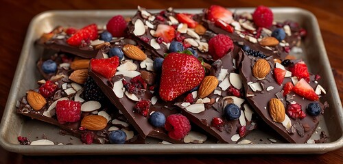 Close up of chocolate bark with berries and almonds on a metal tray on a wooden surface