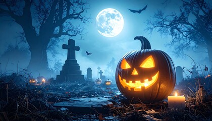 Halloween pumpkin lantern with candle and moon in graveyard at night