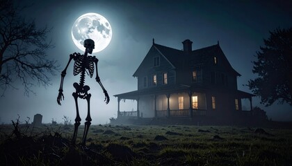 Creepy haunted house in the full moon night with skeleton in the yard