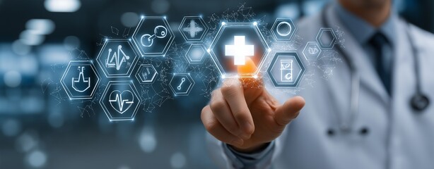Doctor Activating Digital Medical Interface with Healthcare Icons – Innovative Technology in Modern Medicine, Virtual Health Solutions, and Futuristic Diagnostic Systems