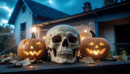 Halloween pumpkin lanterns in front of abandoned building in the night with skull and spider web decoration