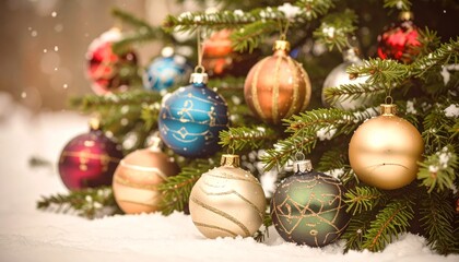 Nostalgia patterned colorful Christmas ball decorations on the Christmas tree