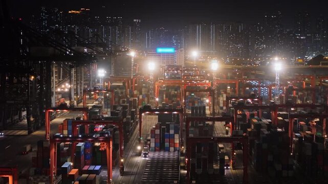 Nighttime Cargo Terminal Highlighting International Logistics, Industrial Port. Topics: New U.S. Global Economic Policy. Trade Wars, Tariffs, and Duties