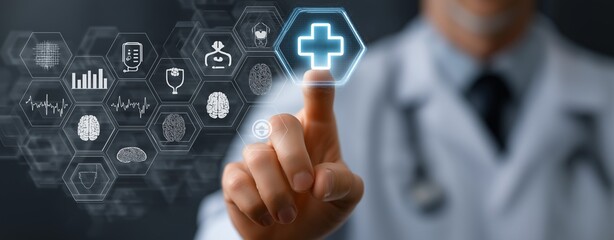 Doctor Activating Digital Medical Interface with Healthcare Icons – Innovative Technology in Modern Medicine, Virtual Health Solutions, and Futuristic Diagnostic Systems
