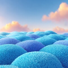 Fuzzy, textured hills of light blue and lavender, soft focus,  sunset sky