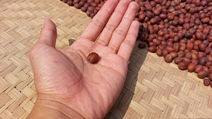 the process of drying coffee beans using traditional methods with sunlight to reduce the moisture...
