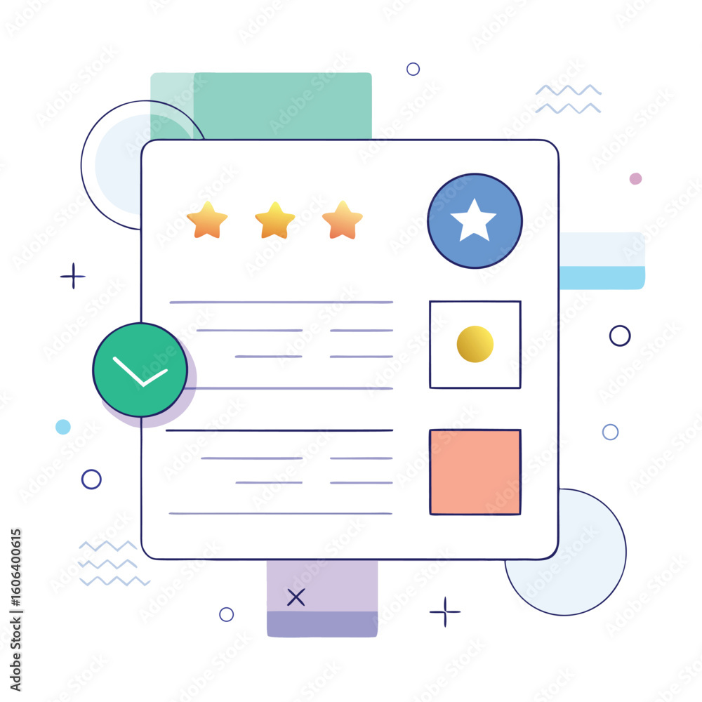 Poster modern interface design featuring star ratings with a checkmark and user review elements on white ba