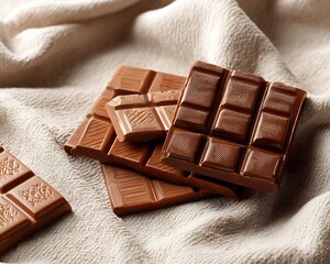 Close up shot of several milk chocolate bars stacked on a textured light colored cloth surface in studio