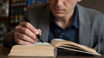 Man Reading and Writing in a Book, Focused on Learning and Studying in a Library