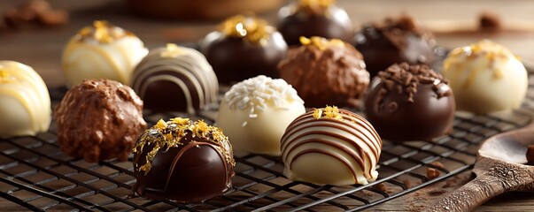 Assorted gourmet chocolate truffles displayed on a wire rack with decorative toppings and chocolate drizzle