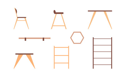 Kitchen and living room furniture simple flat set including table chair and shelves.