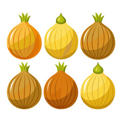 A Collection of Six Stylized Onions in Various Shades of Yellow and Brown Featuring Green Stems or Buds Arranged on a White Background Cartoon Style