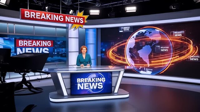 Female News Presenter in Teal Blazer Reporting Live from Modern Television Studio with Globe Graphic and Breaking News Banner