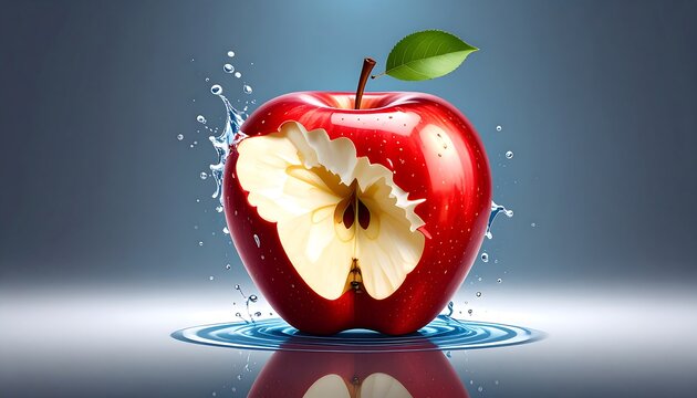 A bitten red apple, splashed with water