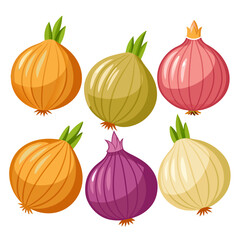 Colorful Onion Variety Illustration A vibrant assortment of yellow red and purple onions each with fresh green sprouts arranged against a clean white background in