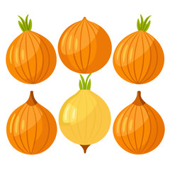 A vibrant illustration showcases six stylized onions in varying shades of yellow and orange some with green sprouts arranged on a clean white background perfect