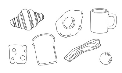 Set of breakfast foods. Simple line art. Hand drawn vector illustration. Toast, fried egg, croissant, bacon, cheese, tomato, coffee.