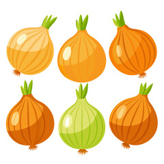A collection of six cartoon onions featuring various shades of yellow and brown with vibrant green stems arranged in a two by three grid on