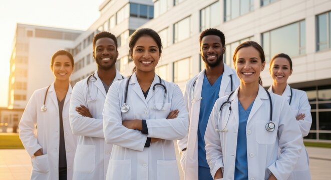Diverse group of smiling doctors and medical professionals standing confidently outside a modern hospital building. - Powered by Adobe